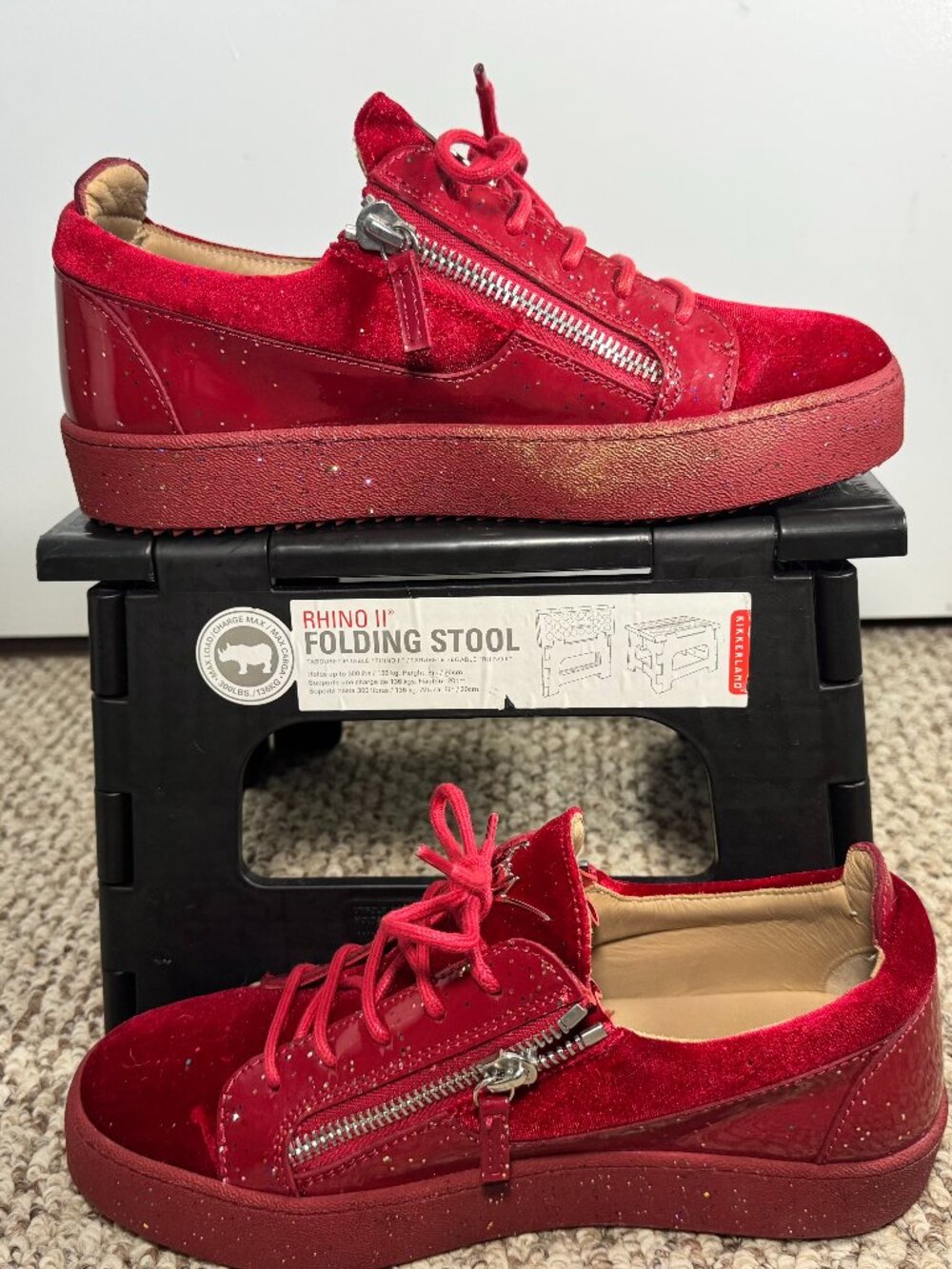 Giuseppe Zanotti Red Velvet Glitter Zip Sneakers Men's EU 42 US 9
